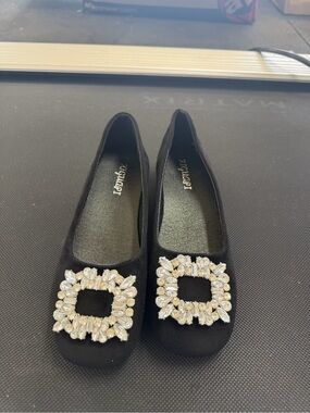 Black Crystal-Buckled Womens Flats
